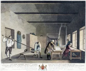 Industrial Revolution Textiles Drucke: Mill or factory where several men are engaged in measuring