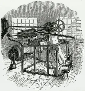Women In Industry Drucke: Foudrinier's machine for cutting paper into sheets. Engraving, c1845
