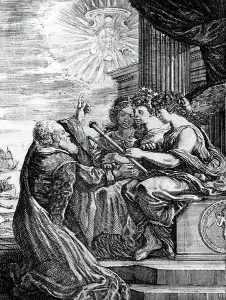 Heliocentric Universe Drucke: Galileo presenting his telescope to the Muses