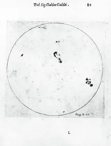 Black And White Astronomy Drucke: Galileo's observation of sunspots. From Galileo Galilei Istoria, Rome 1613. Engraving