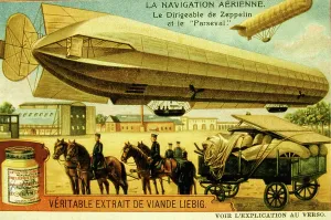 Ein von Graf Zeppelin entworfenes deutsches Luftschiff und, in der oberen rechten Ecke, das viel kleinere französische Luftschiff Parseval. Liebig-Sammelkarte c1900.