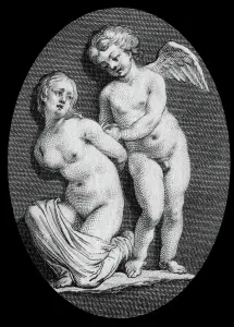 Gott der Liebe Cupid fesselt Psyche, 18. Jahrhundert Kupferstich nach einem eingravierten Stein.