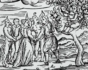Ein Gruppe von Hexen und Zauberern tanzen mit dem Teufel an einem Samstag aus Compendium Maleficarum.