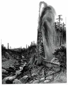 Ein Gushere im pennsylvanischen Ölgebiet, Holzstich 1886
