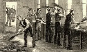 Textile Manufacturing Drucke: Hackling Flax by hand, 1880 (engraving)
