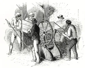 Hand-powered threshing machine by Barrett