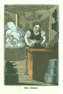 English Trades History Drucke: The Hatter. In the foreground a hat is being shaped (blocked)