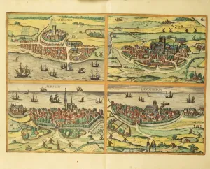 Hels ingborg, Lund, Malmö, Elbogen und Lands krona, aus Civitates Orbis Terrarum, Köln.