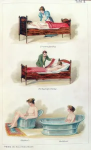 Badebehandlungen mit Wassertherapie, um 1902 (Zeichnung)