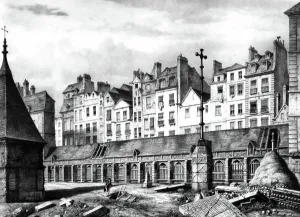 Das Friedhof der Unschuldigen in Paris im 18. Jahrhundert, Radierung.