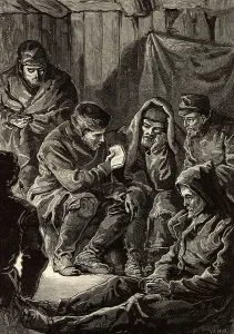 British Exploration History Drucke: John Richardson reading from his prayer book, 1880 (engraving)