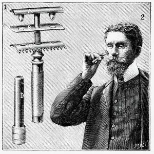 König Gillettes Sicherheitsrasierer mit austauschbaren Klinge. Holzschnitt, Paris, 1905.