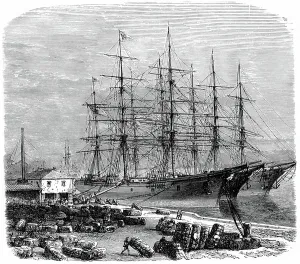 Ladung von Baumwollballen für den Export, Savannah, Georgia, USA. Holzschnitt um 1870.