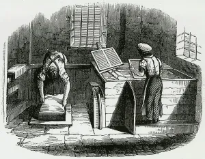 Manual Labor Jobs Drucke: Making paper by hand by sieving pulp in forms. Engraving 1845