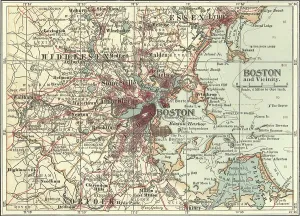 Old Fashioned Navigation Tools Drucke: Map of Boston, c.1900 (engraving)
