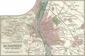 European City Maps Drucke: Map of Budapest, c.1900 (engraving)