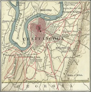 Vintage Map Illustration Drucke: Map of Chattanooga, c.1900 (engraving)