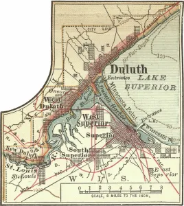 Old Fashioned Navigation Tools Drucke: Map of Duluth, Minnesota, c.1900 (engraving)