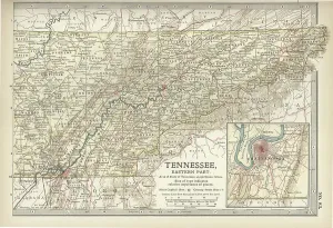 Antique Cartographic Artwork Drucke: Map of eastern Tennessee, c.1900 (engraving)