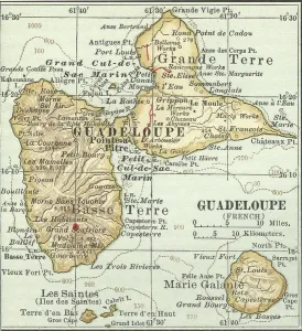 Caribbean Island Maps Drucke: Map of Guadeloupe, c.1900 (engraving)