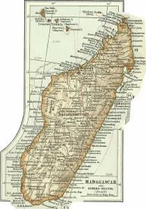 Old World Map Illustration Drucke: Map of Madagascar and Comoro Islands, c.1900 (engraving)