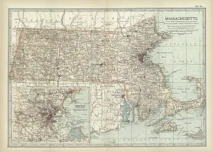 Physical Geography Maps USA Drucke: Map of Massachusetts, c.1900 (engraving)
