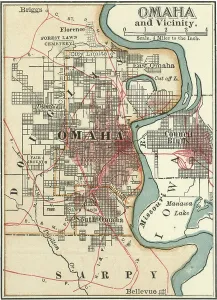 Old City Maps USA Drucke: Map of Omaha, c.1900 (engraving)