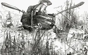 Ein mächtiger Zug der Menschen erschien mir auf meiner Ankunft voller Wunder vor dem Anblick solcher einzigartigen Fahrzeuge, als Gulliver in den Hafen von Blefuscu ankerte. Illustration aus "Gullivers Reisen" veröffentlicht um 1875