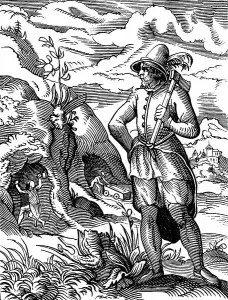 Jost Amman Artwork Drucke: The Miner: In background man is working at rockface