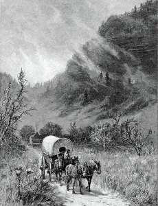 Ein Maultierwagen durchquert den Cumberland Gap, Kentucky. Holzschnitt, Harpers Magazine, 1886.