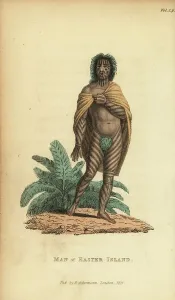 Ein ursprünglicher Mann von Ostrov der Osterinsel oder Rapa Nui. Handkolorierte Stichkupferstechung aus Frederic Shoberls The World in Miniature. Aus einer Illustration von Louis Choris in Otto von Kotzebues Picturesque voyage around the world, 1822.