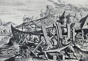 Biblical Events Illustrations Drucke: Noah building the Ark (line engraving)