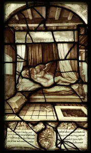 Panel 12 der Geschichte von Psyche und Cupido: Nach dem Abendessen zieht sich Psyche ins Bett zurück und wird vom unsichtbaren Cupido betreut, der am nächsten Morgen verschwindet (Glasfenster).
