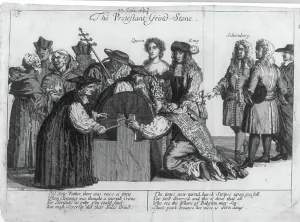 Der protestantische Grindstein: König William III und Königin Mary drücken dem Papst die Nase an den von den anglikanischen Bischöfen Sancroft und Compton betriebenen Grindstein. Links schauen der Marschall Schomberg, Lord Halifax und Bischof Burnet zu. Antikatholischer Cartoon London, 1690