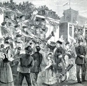European Military Conflict Drucke: Prussian Soldiers Passing Through Berlin for the Front, 1870 (engraving)