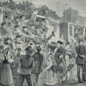European Military Conflict Drucke: Prussian Soldiers Passing Through Berlin for the Front, 1870 (engraving)