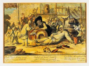 Traditional Costume Illustration Drucke: Pulcinella making will, 1780 (lithograph)