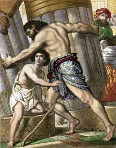 Mid 19th Century Art Drucke: Samson pulling down the Temple of Dagon