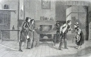 Ein Szenenbild aus Mr. Broughams Komödie von Roman und Wirklichkeit, 1860 (Radierung).