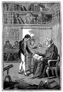 Young Boy Education Drucke: Schoolmaster and pupils. A boy is showing his geometry exercise to the master
