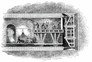 Isambard Kingdom Brunel Engineer Drucke: Section of Thames Tunnel (1825-1843) showing men at work in shield (right) while others take away spoil