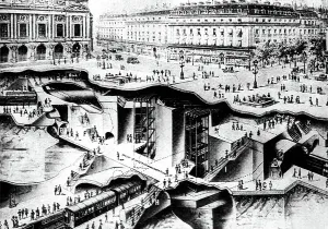 Black And White City Photography Drucke: Section View of subway in Opera square in Paris, engraving c. 1910