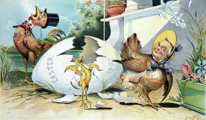 Easter Chick Drucke: Small chick labelled Prosperity hatching from an egg labelled Easter, 1897