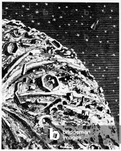 Science Fiction Artwork Drucke: The space capsule Columbiad orbiting close to the Moon, 1865 (engraving)
