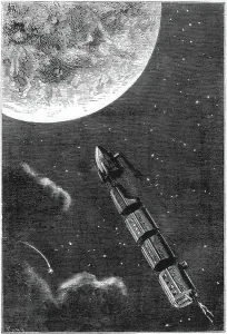 Jules Verne Prints Drucke: Space capsule dwarfed by the disc of the Moon