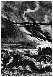 Science Fiction Artwork Drucke: Tidal wave caused by the launch of the space capsule Columbiad, 1865 (engraving)
