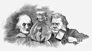 Tom, der flüchtige Schornsteinfegerjunge, der in den Fluss fällt und zum Water Baby wird, während er von Richard Owen (links) und Thomas Henry Huxley untersucht wird. Owen war Gegner des Darwinismus, Huxley wurde als Darwins Bulldog genannt, sein großer Befürworter.