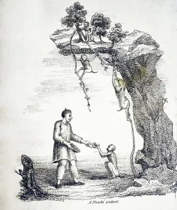 Chinese Tea Culture Drucke: Trained Monkey Collecting Tea Leaves, 1812 (stipple engraving)