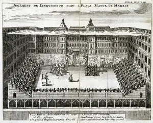 Spanish Catholic Church Drucke: Trial by the Spanish Inquisition in progress in Madrid, 1759 (engraving)