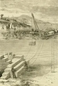 Civil Engineering History Drucke: Underwater construction site. 19th century (engraving)